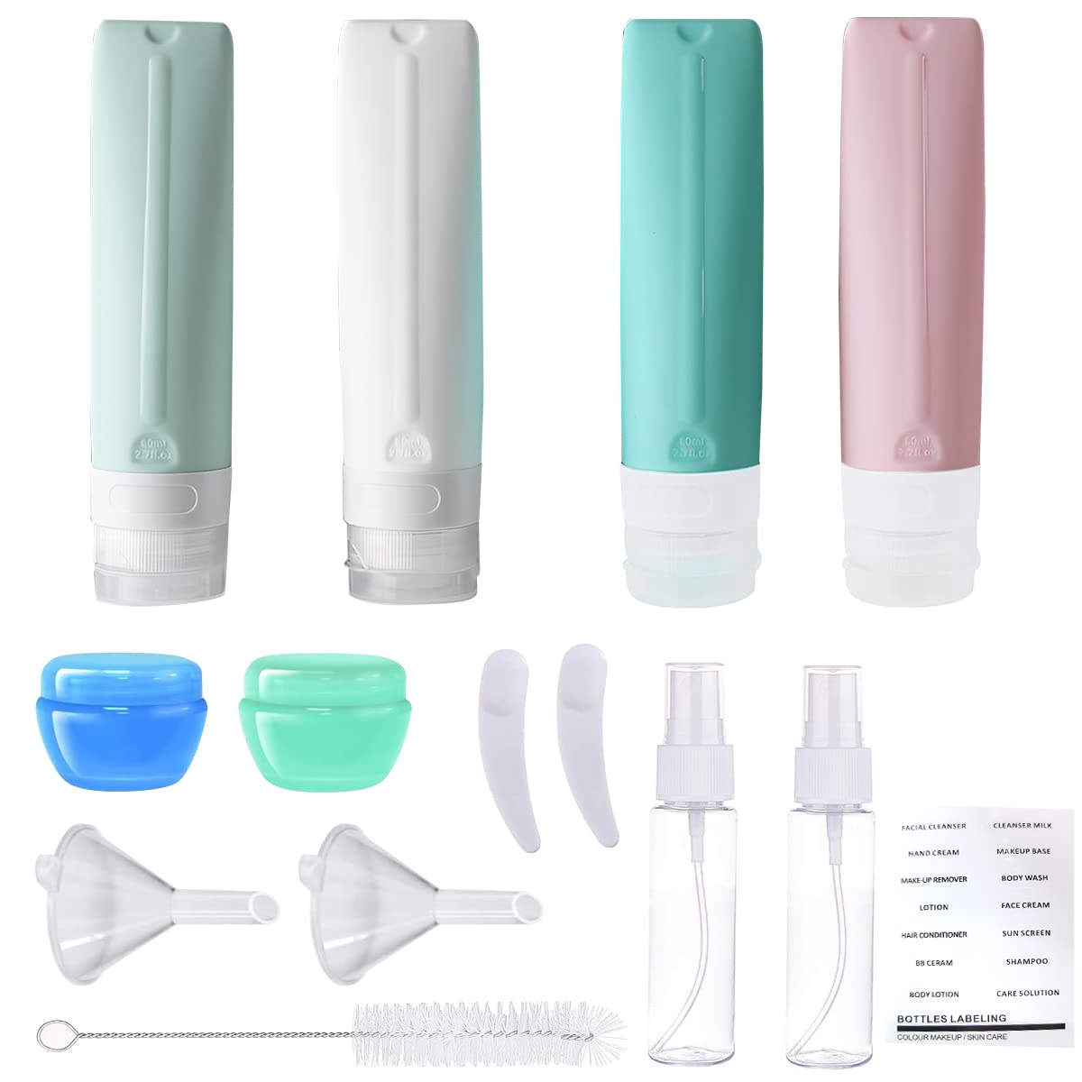MAYCREATE 14pcs Travel Bottles for Toiletries Silicone Leak Proof Squeezable Containers Cream Jars Spray Bottles Kit for Shampoo Lotion - with Applicator, Funnel, Clean Brush, Label Stickers MAYCREATE 14pcs Travel Bottles for Toiletries Silicone Leak Proof Squeezable Containers Cream Jars Spray Bottles Kit for Shampoo Lotion - with Applicator, Funnel, Clean Brush, Label Stickers